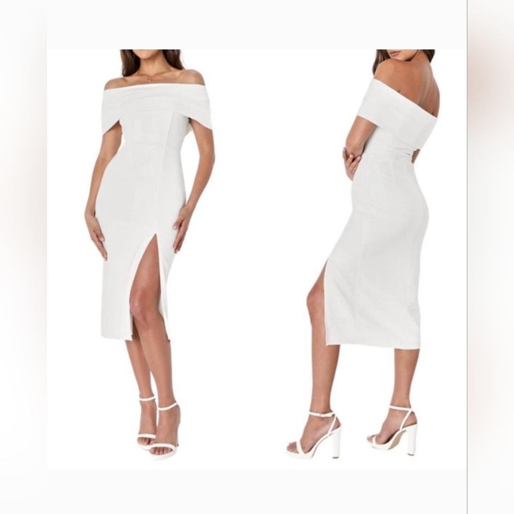 NWT! Lulus Fall Bridal Party Women's Off The Shoulder Bodycon Midi Dress Medium